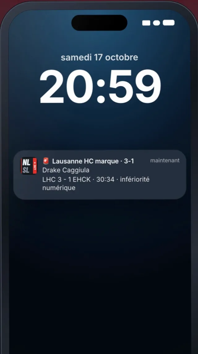 Notification de but sur l'écran verrouillé d'un iPhone, Lausanne HC marque, 3-1, Drake Caggiula